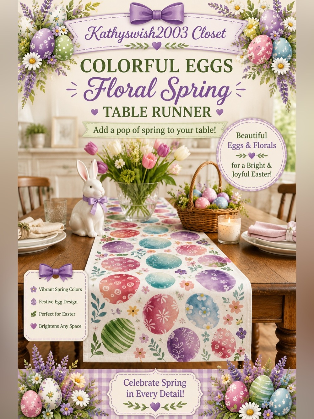 Colorful Eggs Floral Spring Table Runner